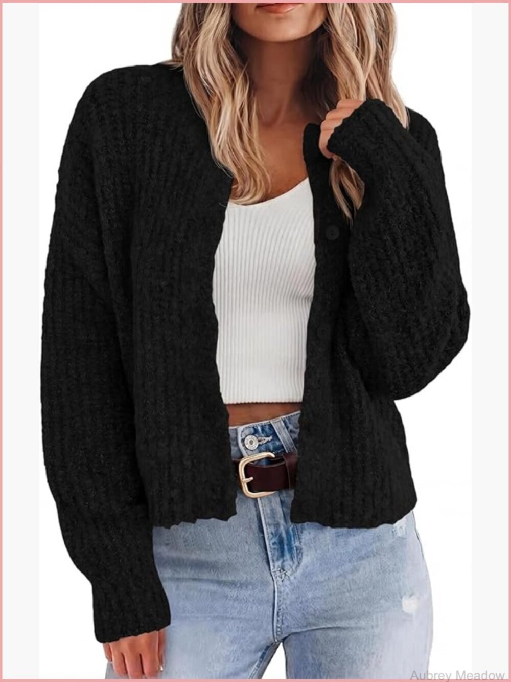 Chunky Knit Cropped Cardigan Sweater Long Sleeve Button Down